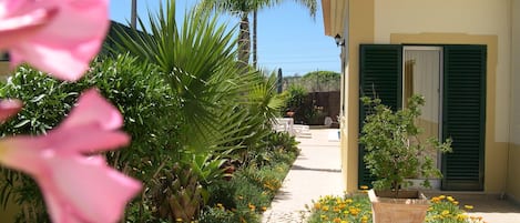 Un chemin menant à un bâtiment aux volets verts, entouré d’une végétation luxuriante et de plantes en fleurs.