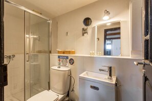 A bathroom with a glass shower enclosure, a toilet, a sink, and a mirror. There is a notice on the wall about not throwing trash or paper in the toilet.