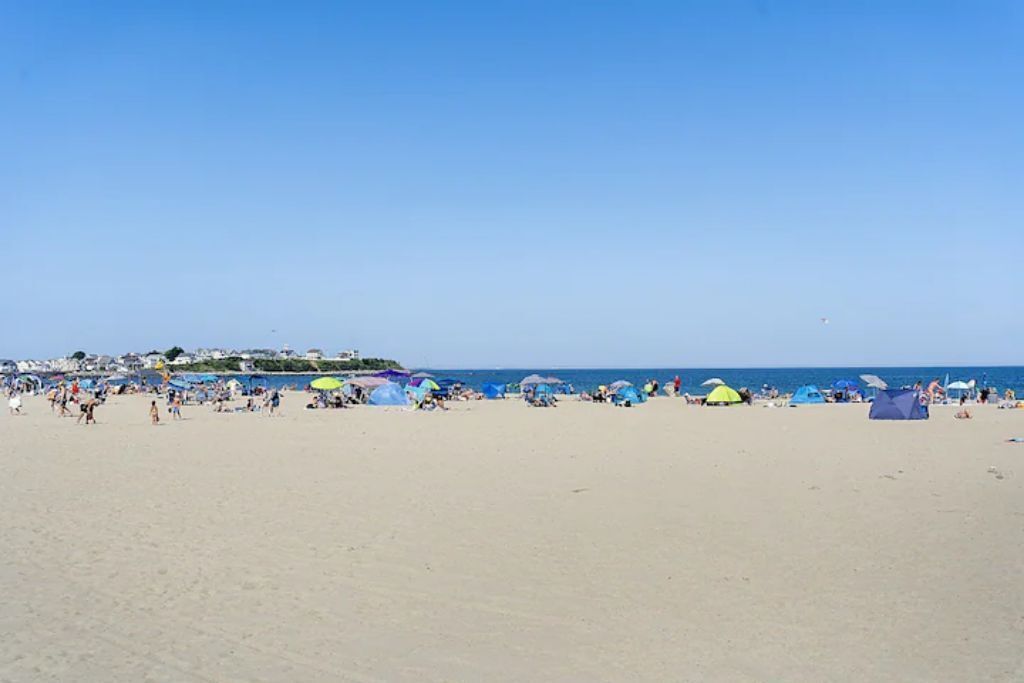 On the beach, sun-loungers, beach towels
