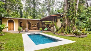 Una casa con piscina, rodeada de abundante vegetación y un césped cuidado.