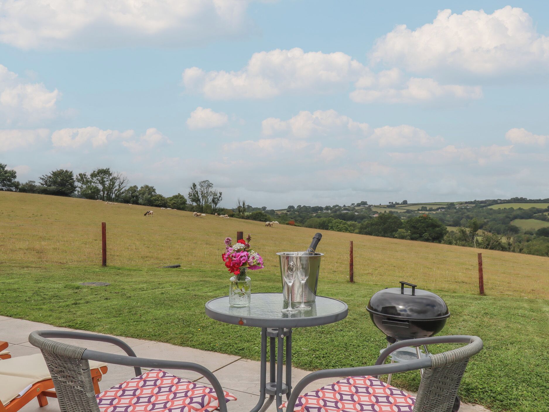 Uma área de estar externa com mesa e cadeiras, churrasqueira e vista para um campo gramado com árvores e colinas ao fundo.