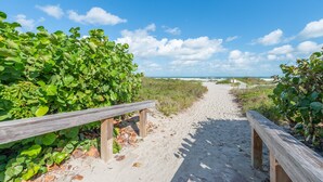 Een zandpad langs het strand, met houten leuningen, omgeven door begroeiing, dat naar de oceaan leidt.