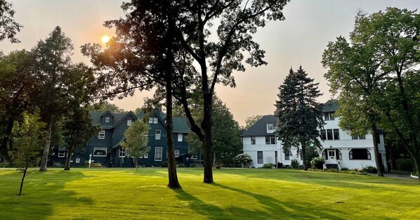 A residential area with houses and trees.