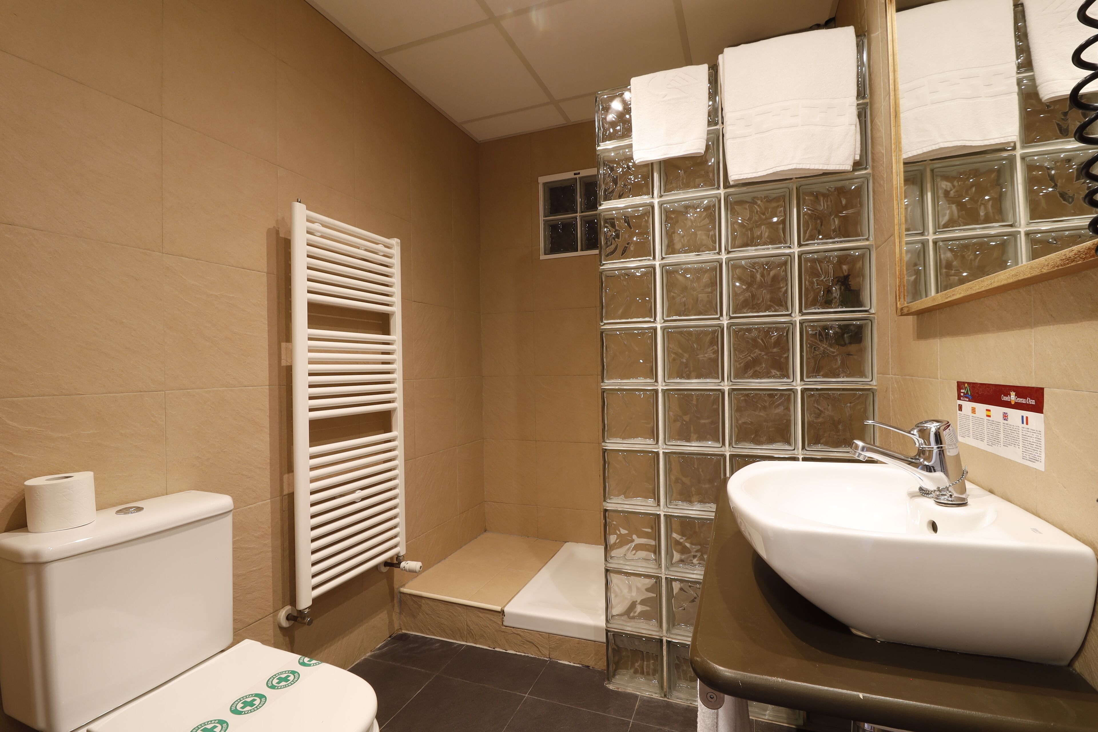 A bathroom with a toilet, a glass shower enclosure, a sink, and a towel rack.