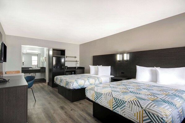 Desk, laptop workspace, blackout curtains, free WiFi