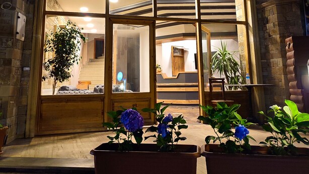 Entrada de un edificio con un amplio ventanal, plantas en macetas y fachada de piedra.