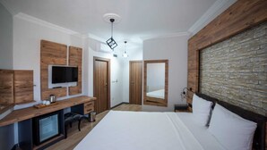 Un dormitorio con cama, televisión, escritorio y armario.