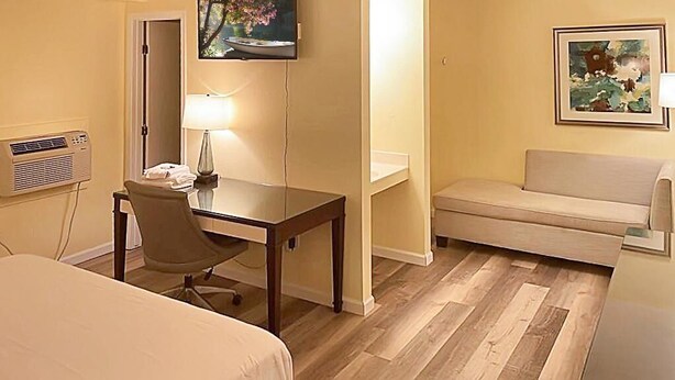 Una habitación de hotel con una cama, un escritorio con una silla, un sofá, un televisor montado en la pared y un cuadro en la pared.