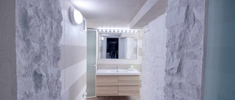 Shower, hair dryer, bidet, towels