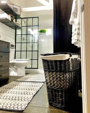 Regadera, secadora de cabello, toallas, jabón 