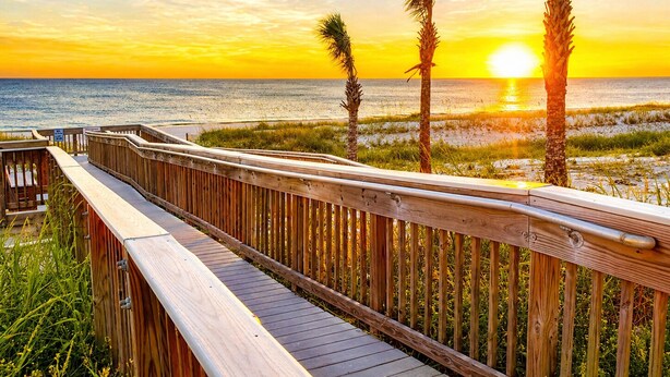 A wooden boardwalk leading to a beach with palm trees and a sunset over the ocean. - Clown Fish Cottage - Pet Friendly with King Bed (Mexico Beach)