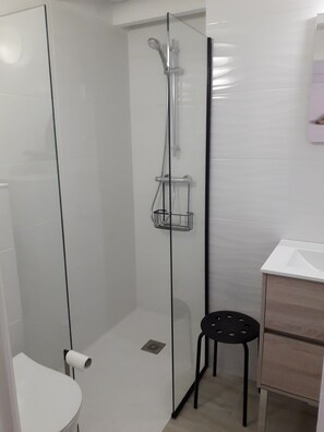 Shower, hair dryer, towels