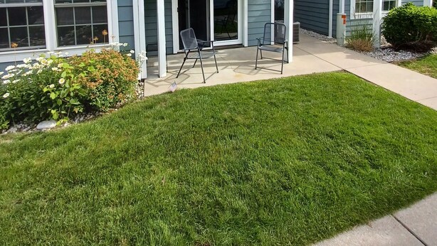 A two-story residential building with a balcony, a covered patio, and a small lawn area. - Spacious Downtown, First Floor, Patio, sleeps up to 6, Short Walk to Everything! (Traverse City)