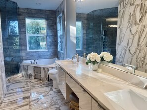 Combined shower/tub, jetted tub, hair dryer, towels