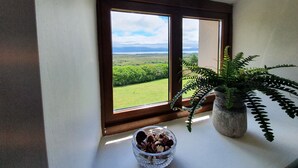 Una habitación con un ventanal que da a un paisaje, un helecho en maceta y un cuenco de vidrio en el alféizar.
