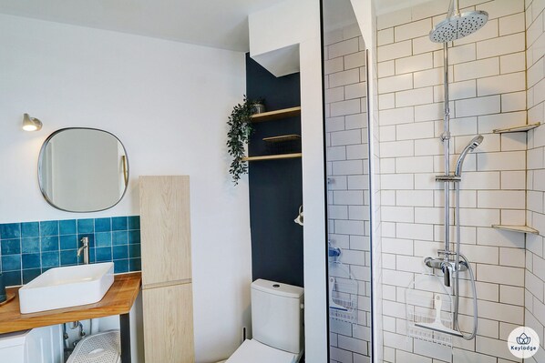 Shower, hair dryer, towels, soap