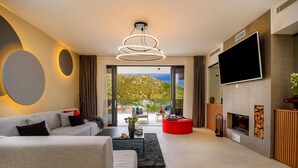 A modern living room with a sofa, a coffee table, a fireplace, and a TV mounted on the wall. - Luxury Villa Cherry with indoor pool and outdoor jacuzzi (Marina)