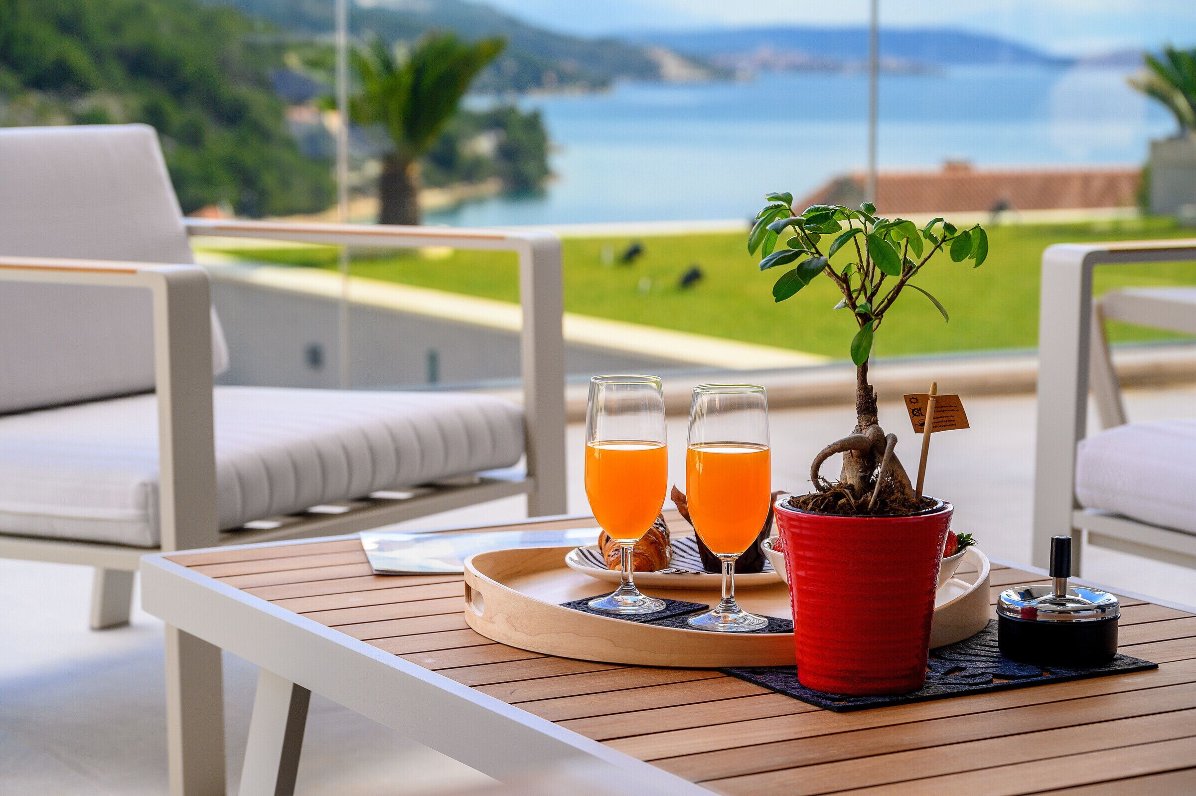 A table with a tray holding two glasses of orange juice, a potted plant, and a small container.