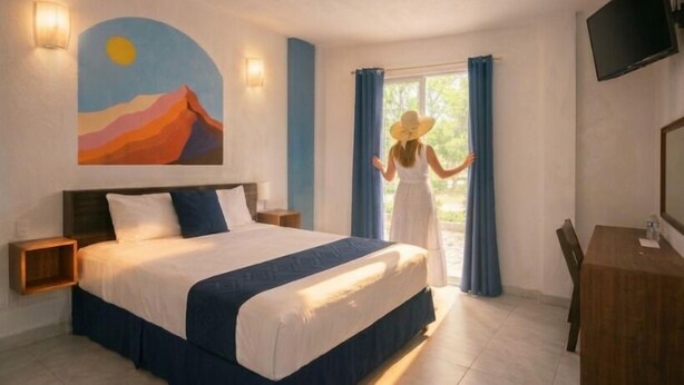 A hotel room with a bed, a desk, a TV, and a painting on the wall. - Hotel Juarez 70 (Colima)