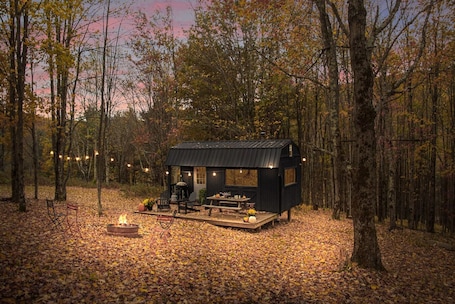 Outdoor dining. Off-Grid Tiny Cabin with Cozy Vintage Charm