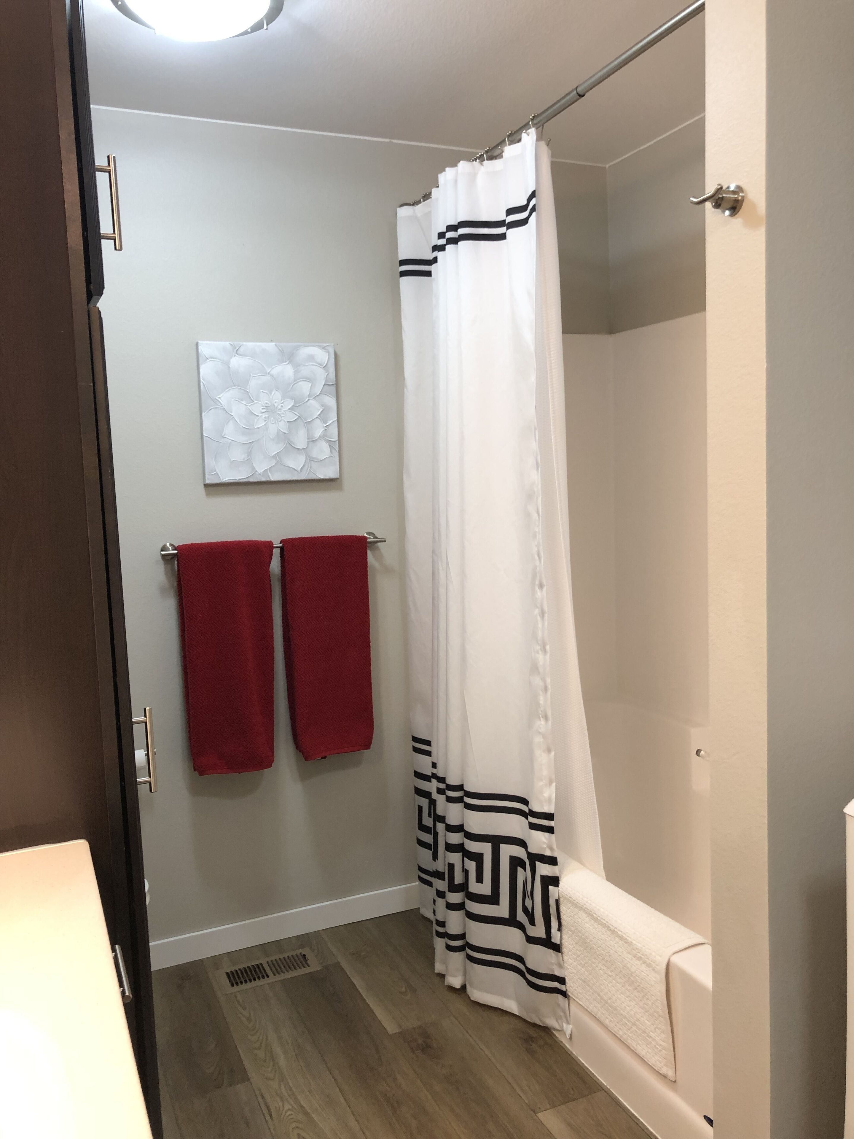 Ein Badezimmer mit Duschvorhang, zwei roten Handtüchern und einem Wandbild.