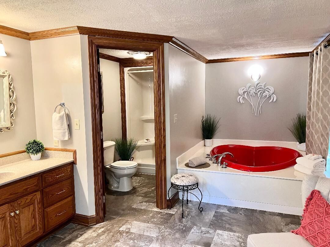 Shower, jetted tub, hair dryer, towels