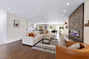 Smart TV, fireplace, books, music library