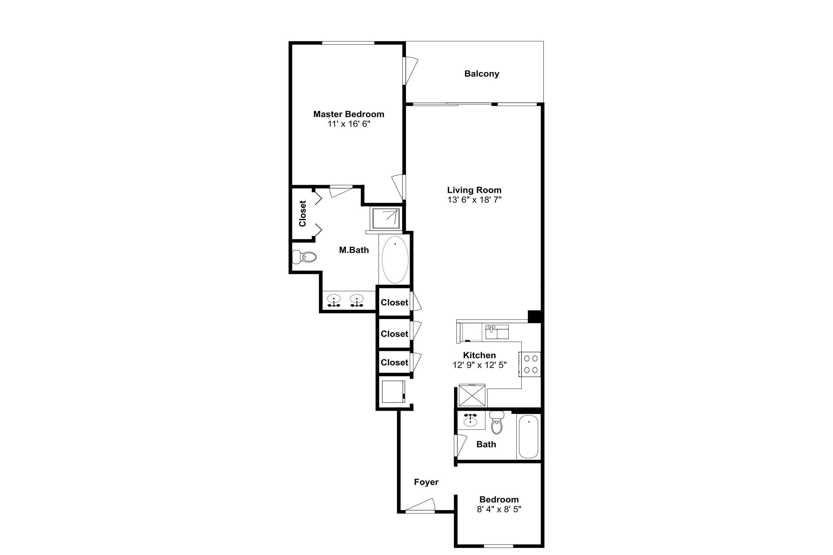 Grundriss eines Hotelzimmers mit Schlafzimmer, Balkon, Wohnbereich, Küchenzeile, Bad und Eingangsbereich.