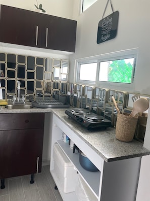 Fridge, microwave, coffee/tea maker, toaster