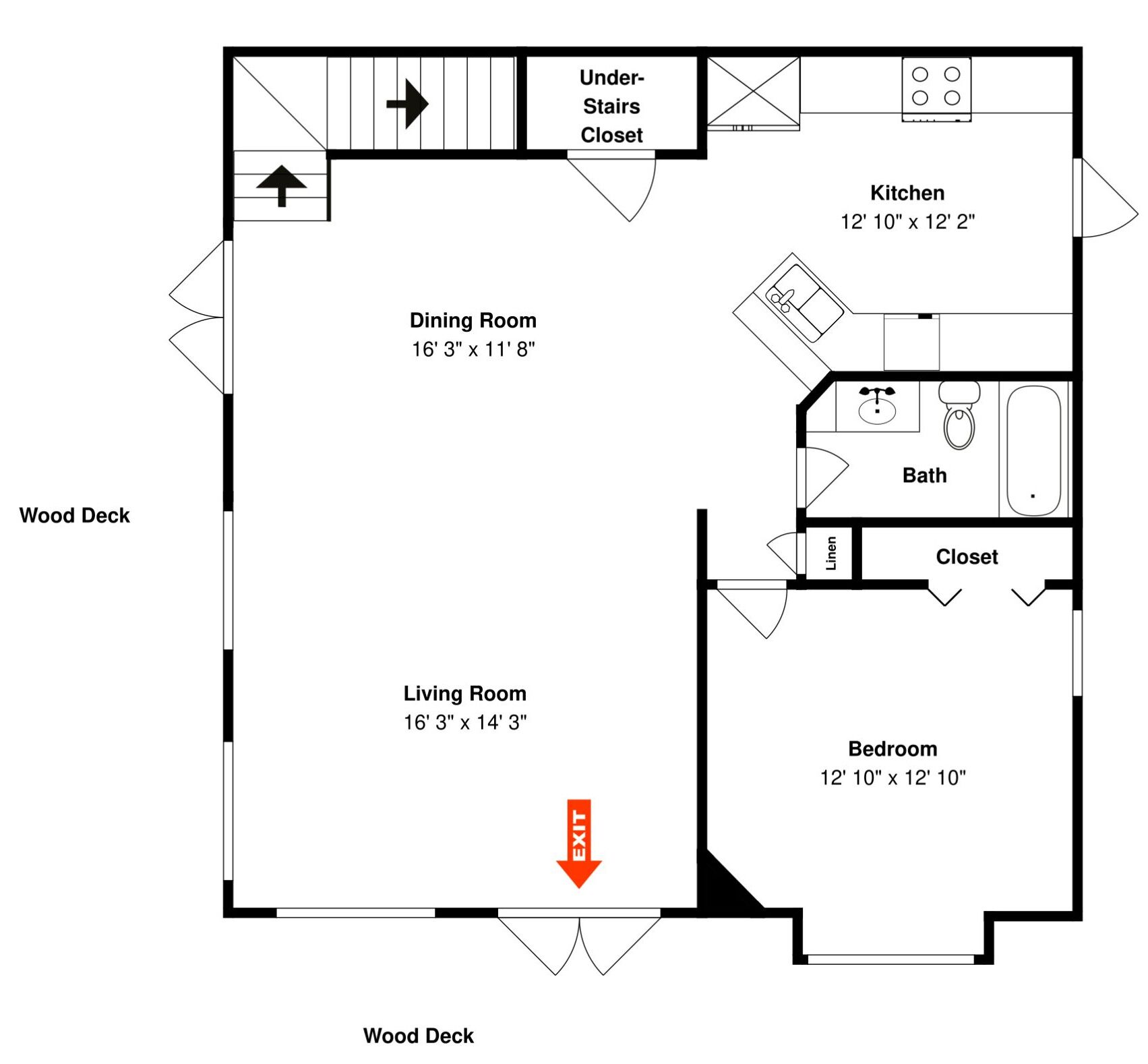 Ein Grundriss eines Hauses mit Esszimmer, Küche, Bad, Wohnzimmer und Schlafzimmer.