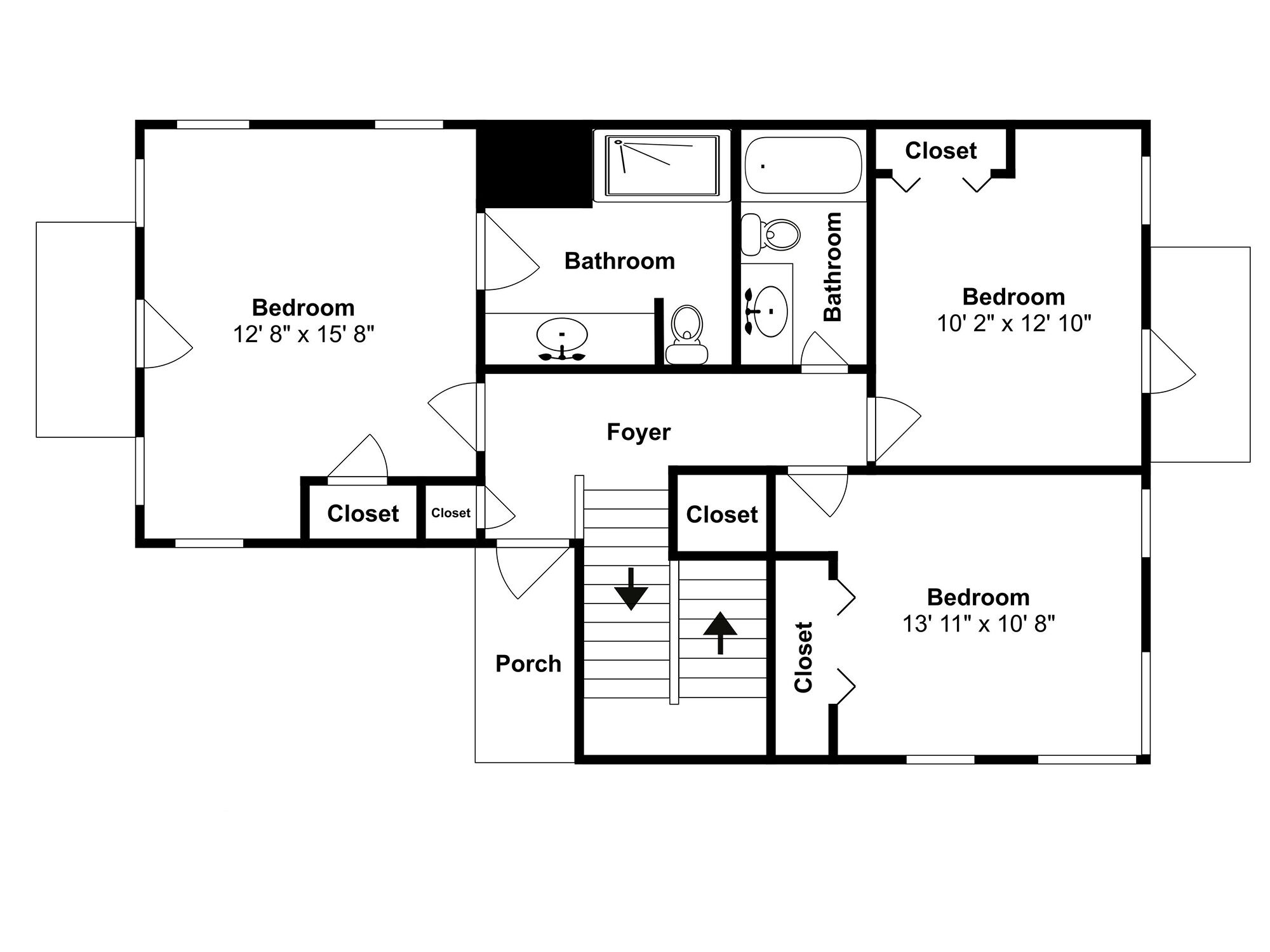 A floor plan with three bedrooms, two bathrooms, a foyer, and a porch.