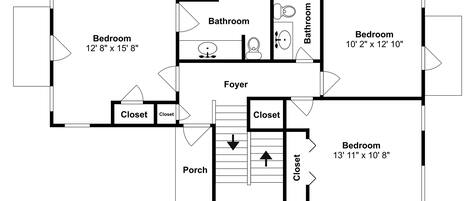 A floor plan with three bedrooms, two bathrooms, a foyer, and a porch.