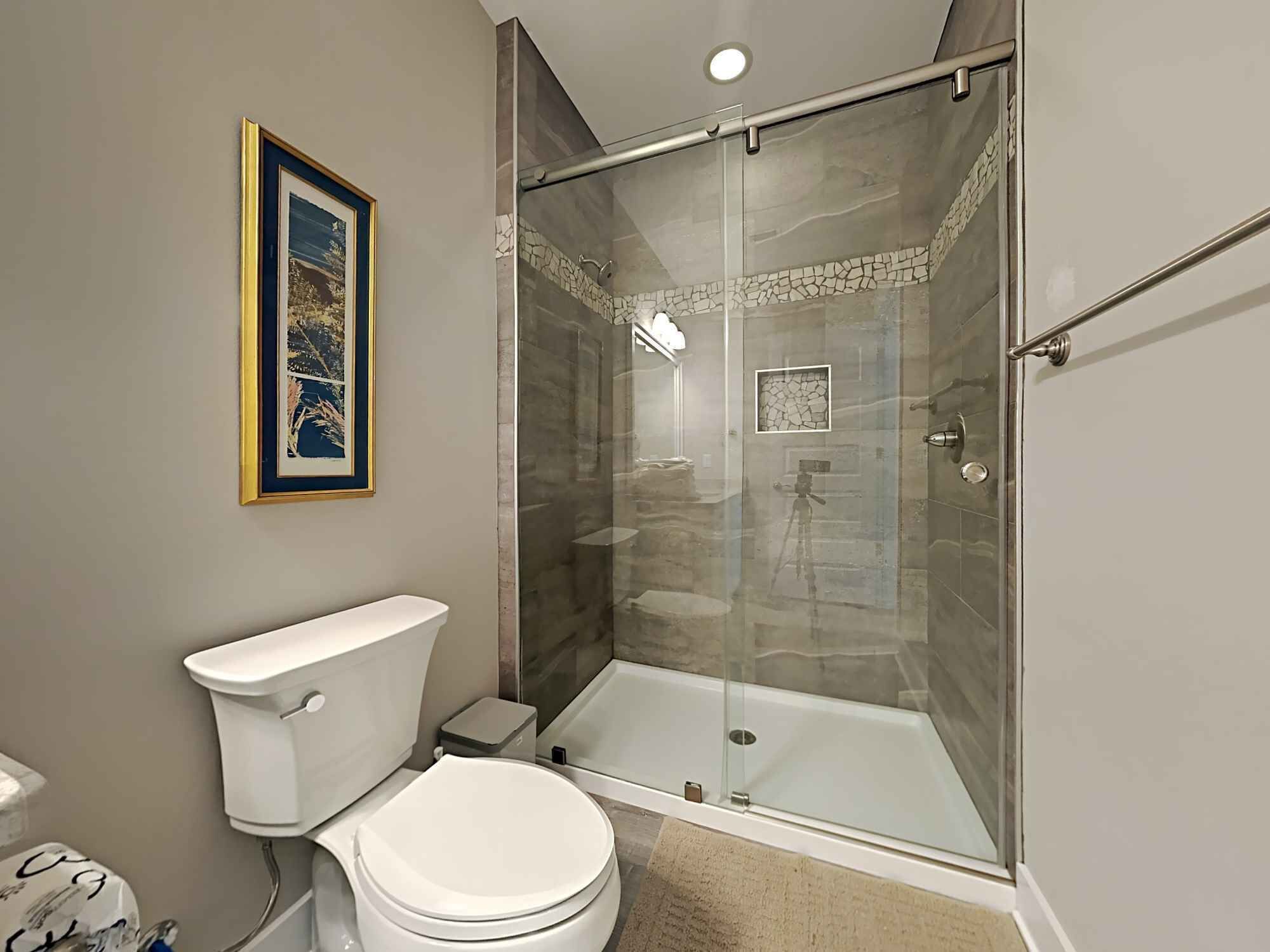 A modern bathroom with a glass-enclosed shower, a toilet, and a framed picture on the wall.