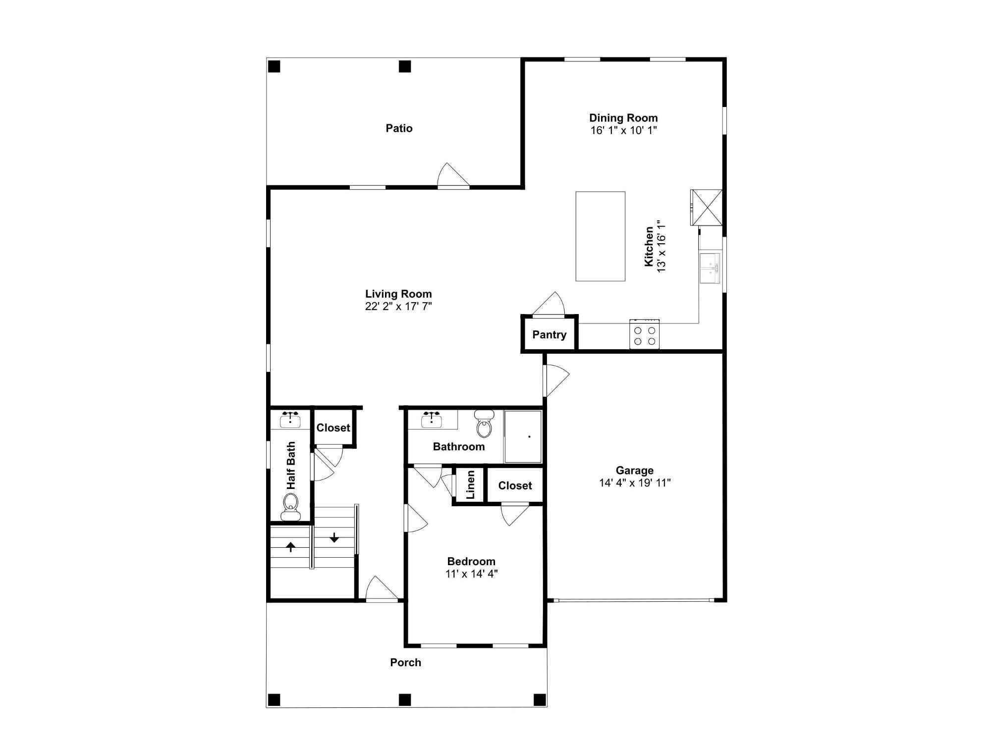 Ein Grundriss mit Terrasse, Esszimmer, Küche, Wohnzimmer, Bad, Schlafzimmer, Abstellraum, Gäste-WC, Garage und Veranda.