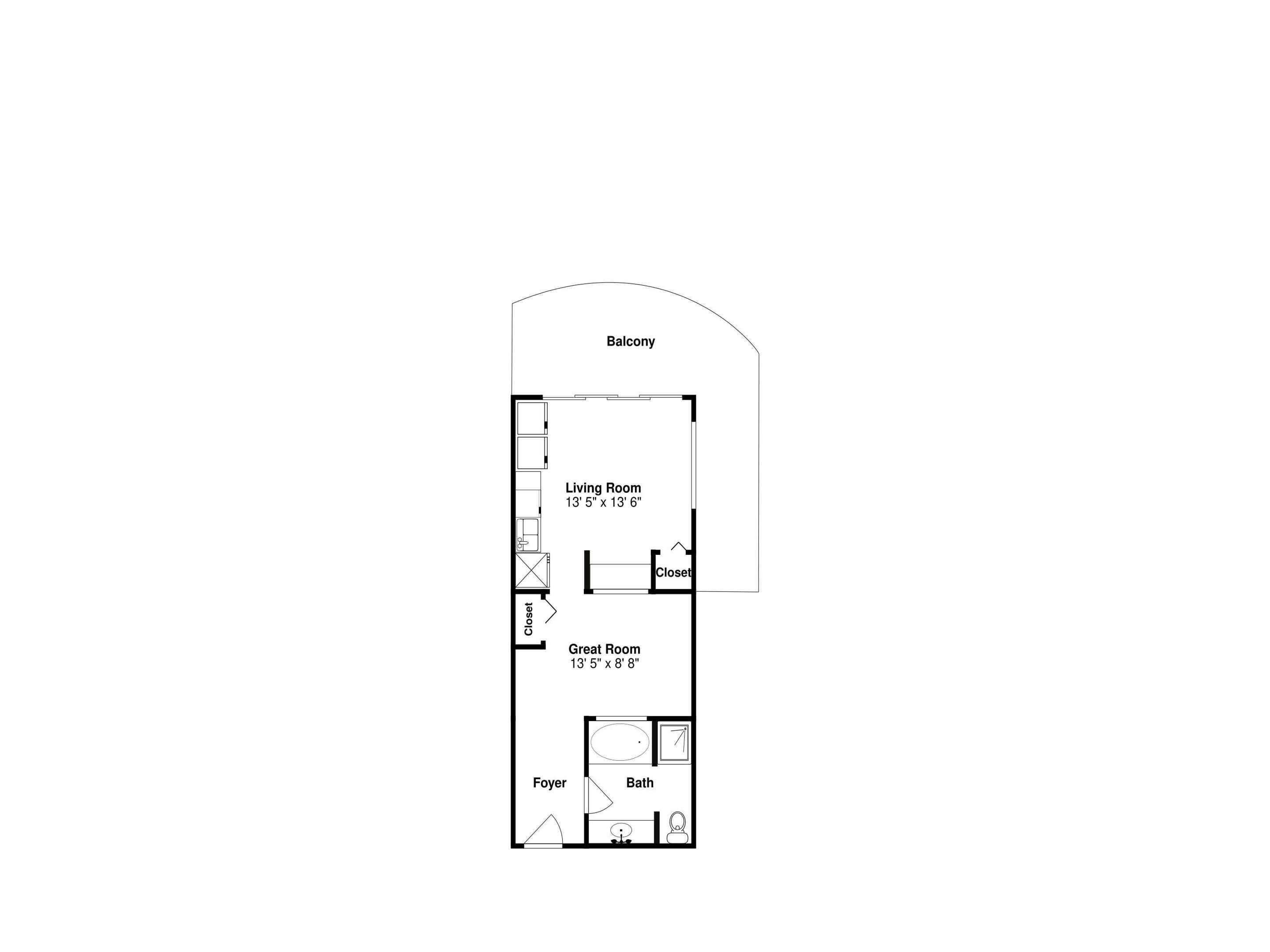 A floor plan of a hotel room with a balcony, living room, great room, foyer, and bath.