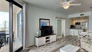 Condo, Multiple Beds, Balcony, Ocean View | Living area | TV, fireplace