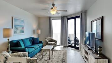 Condo, Multiple Beds, Balcony, Ocean View | Living area | TV, fireplace