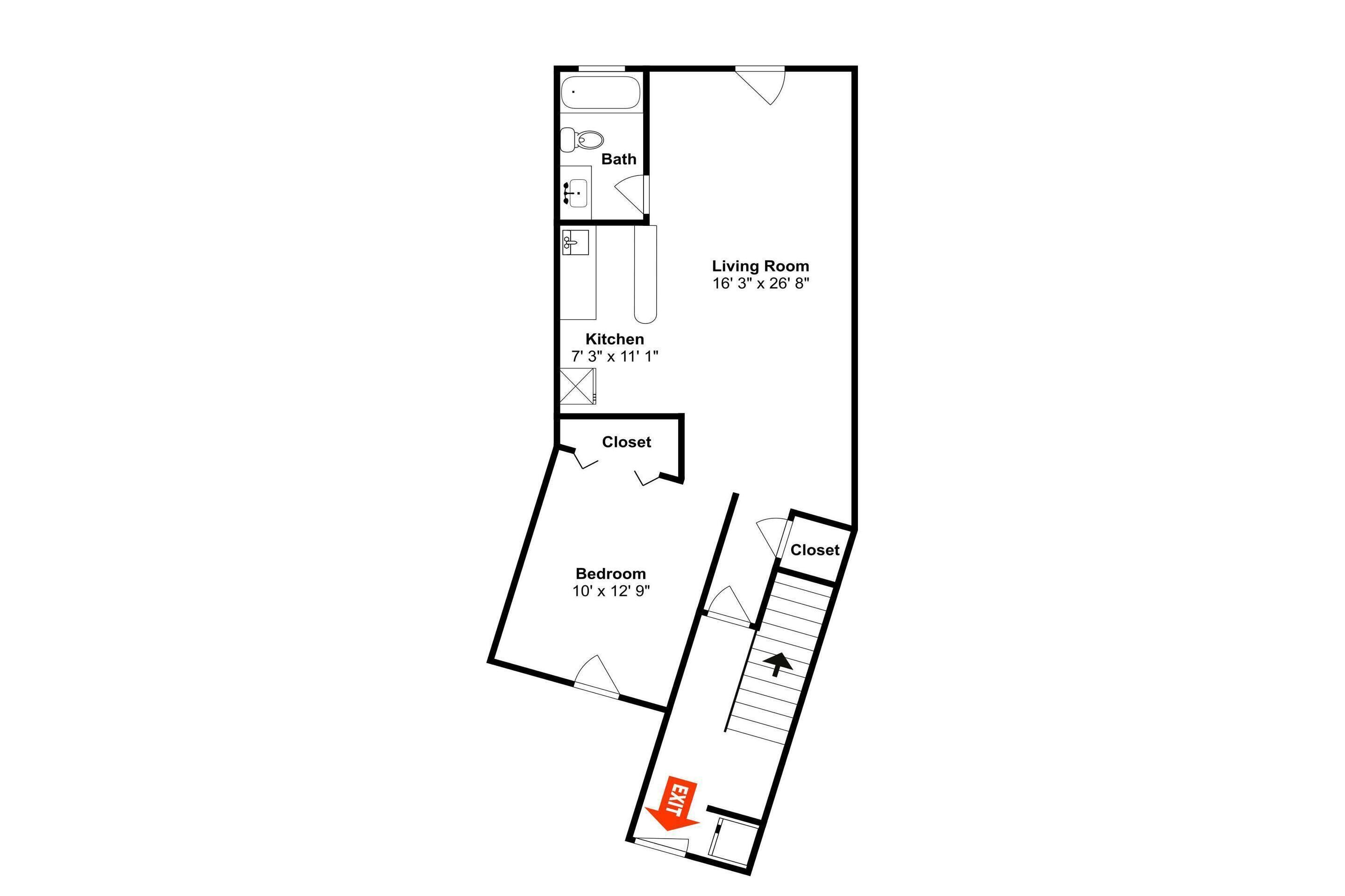 A floor plan of a hotel room with a living room, kitchen, bathroom, and closet.