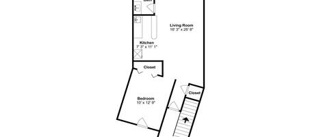 A floor plan of a hotel room with a living room, kitchen, bathroom, and closet.