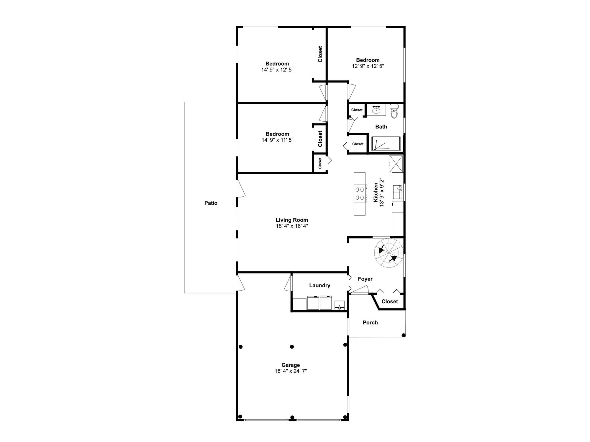 A floor plan of a house with a patio, two bedrooms, a living room, a kitchen, a laundry area, a foyer, a porch, and a garage.