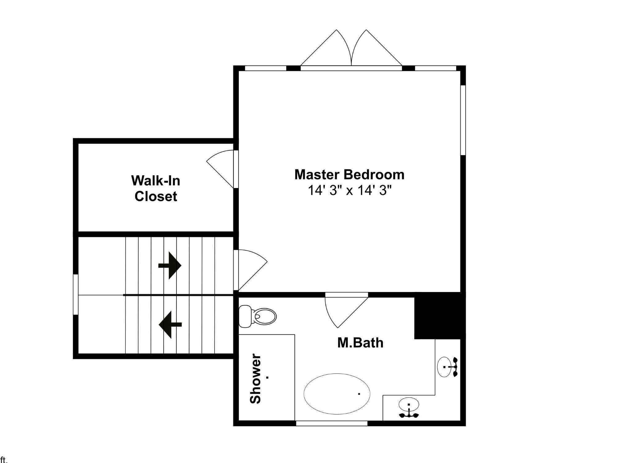 A floor plan of a hotel room with a walk-in closet, master bedroom, shower, and a master bathroom.