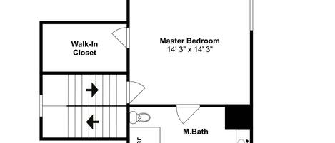 A floor plan of a hotel room with a walk-in closet, master bedroom, shower, and a master bathroom.