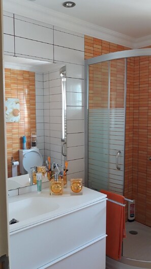 Regadera, secadora de cabello, bidet, toallas 