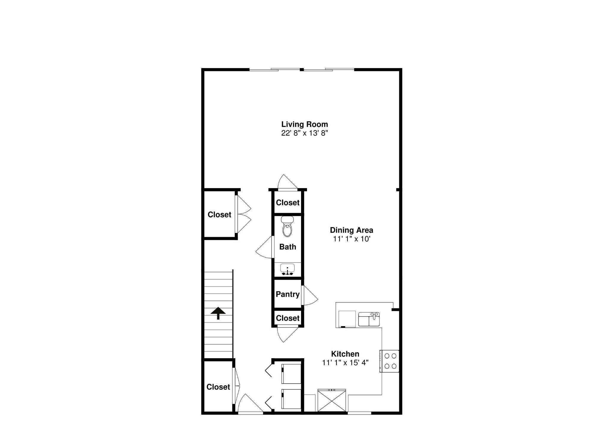 A floor plan of a house with a living room, dining area, kitchen, bathroom, and two closets.