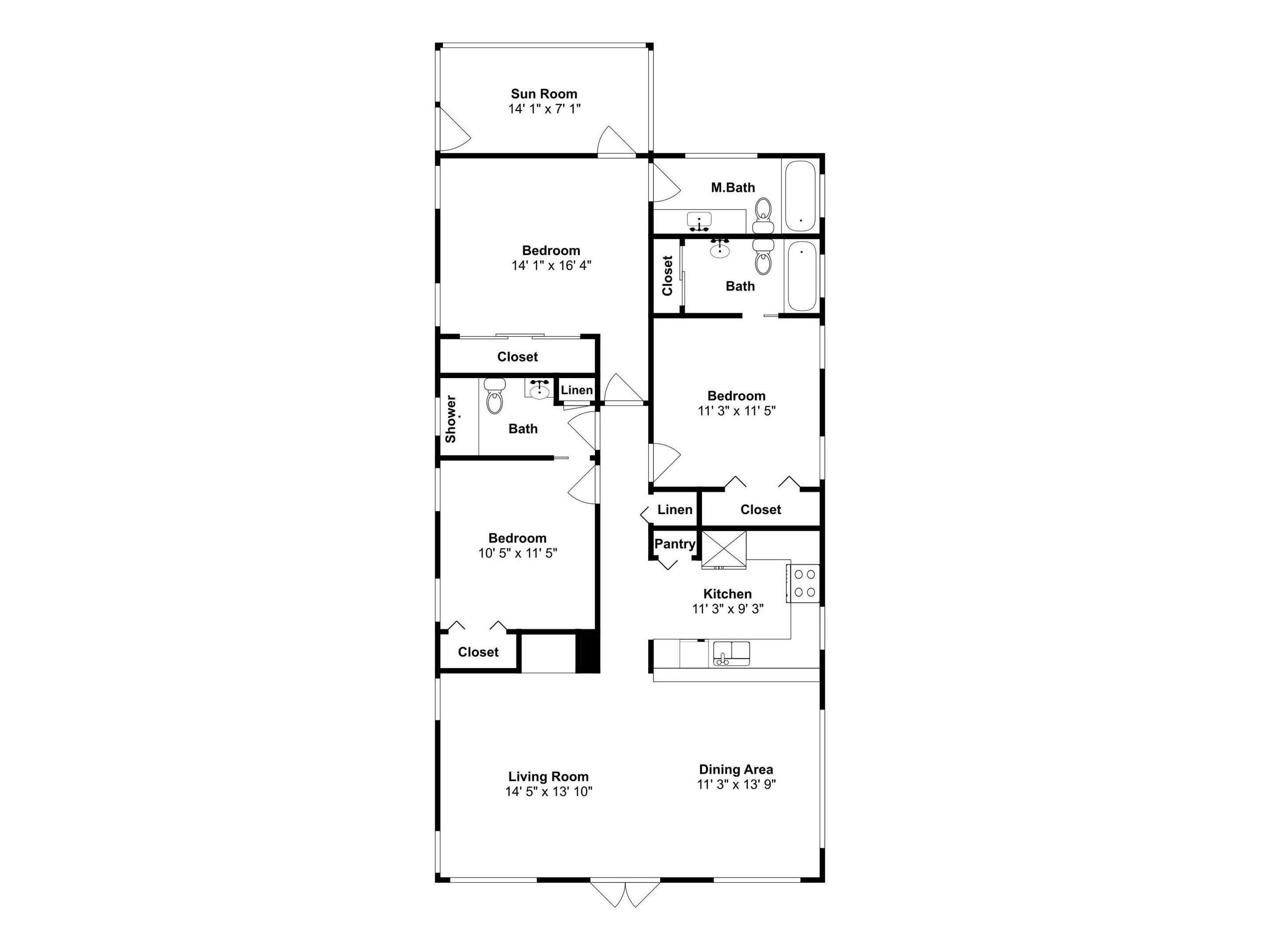 A floor plan with a sun room, three bedrooms, a dining area, a kitchen, a living room, a bathroom, and a closet.