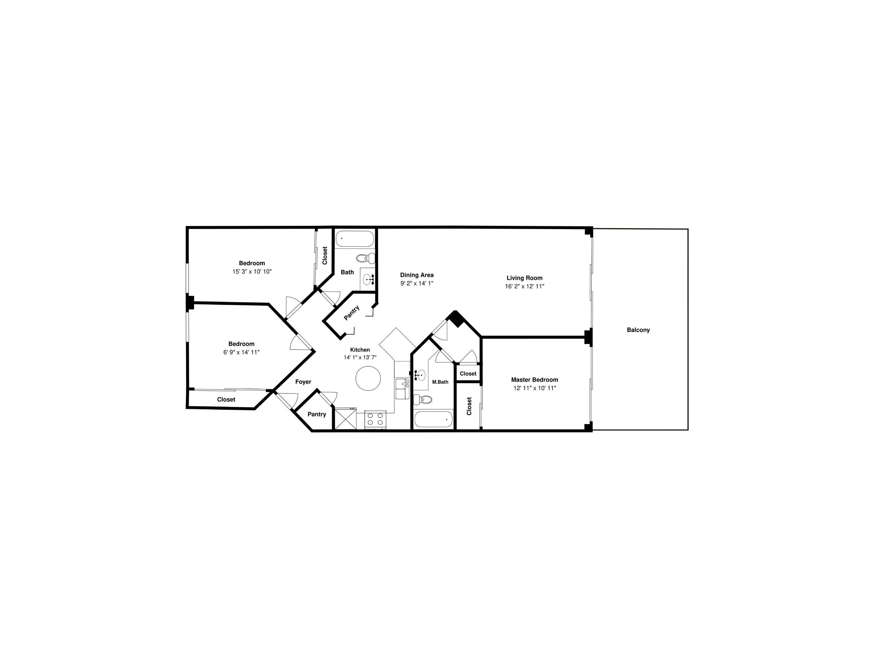 Een plattegrond van een huis met een hoofdslaapkamer, twee kleinere slaapkamers, een eetgedeelte, een woonkamer, een keuken, een badkamer en een entree.