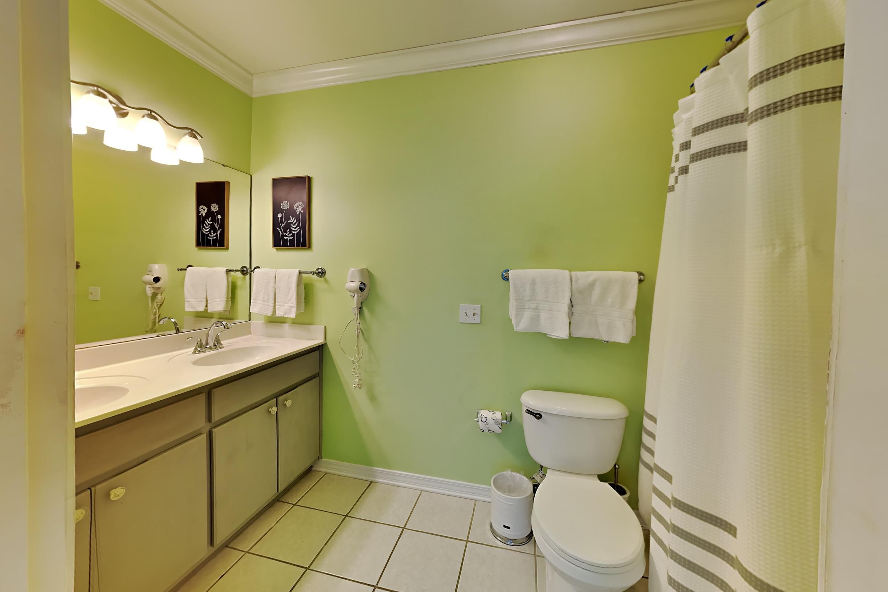 Un bagno con una parete verde, un lavandino bianco, un water e una tenda per la doccia.