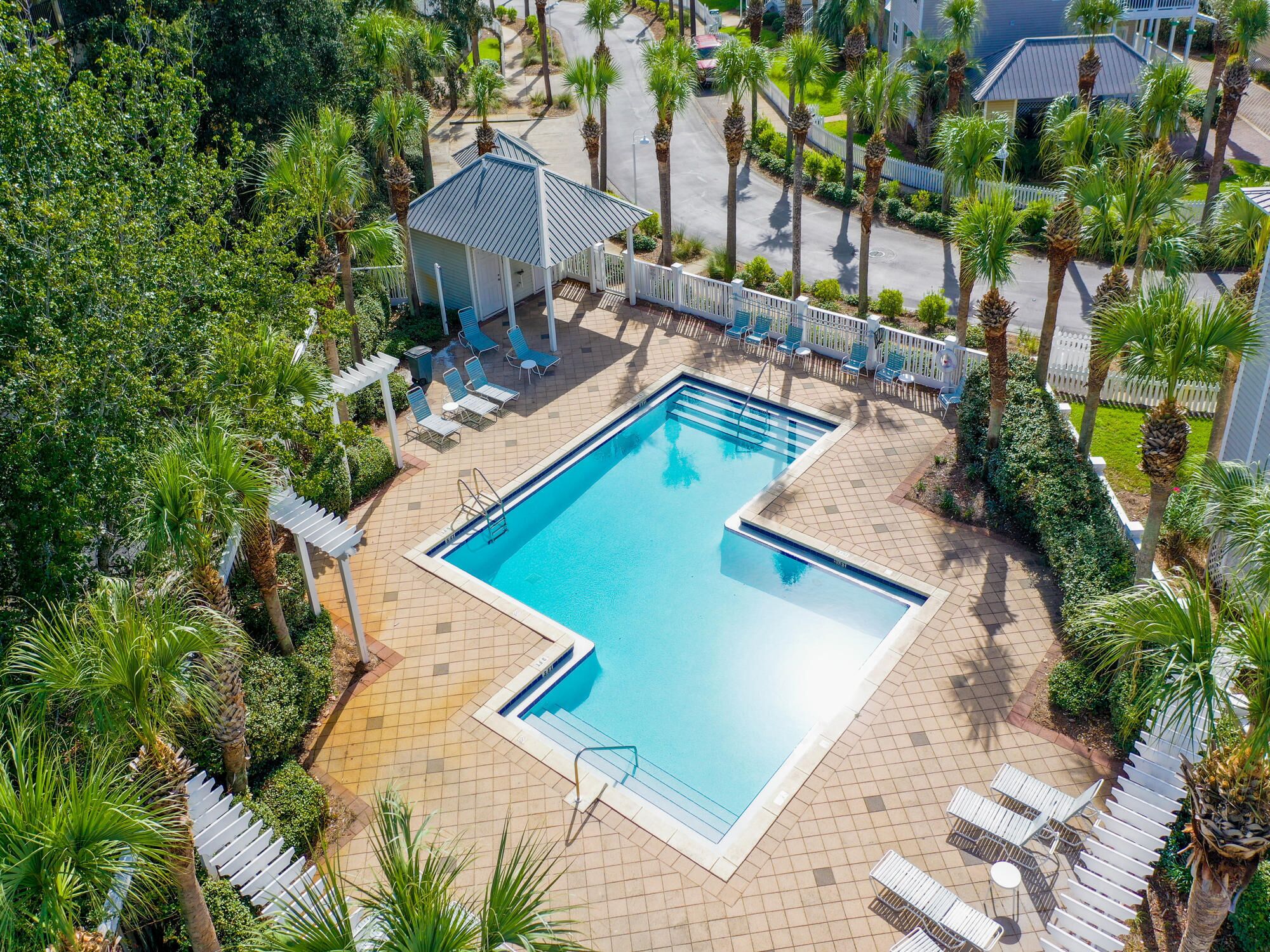 A swimming pool surrounded by palm trees and lounge chairs.