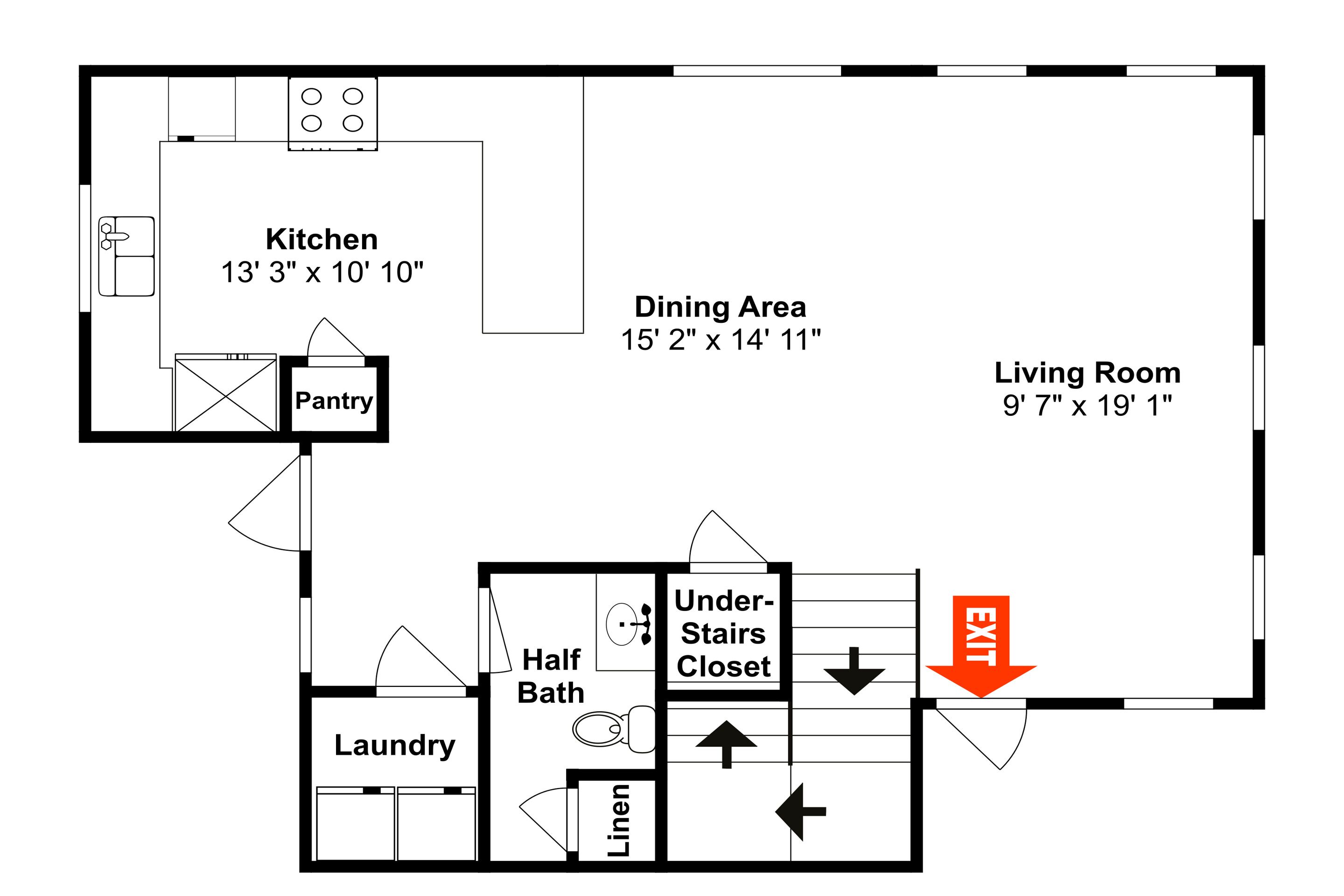 A floor plan of a hotel room with a kitchen, dining area, living room, laundry, half bath, under-stairs closet, and an exit.