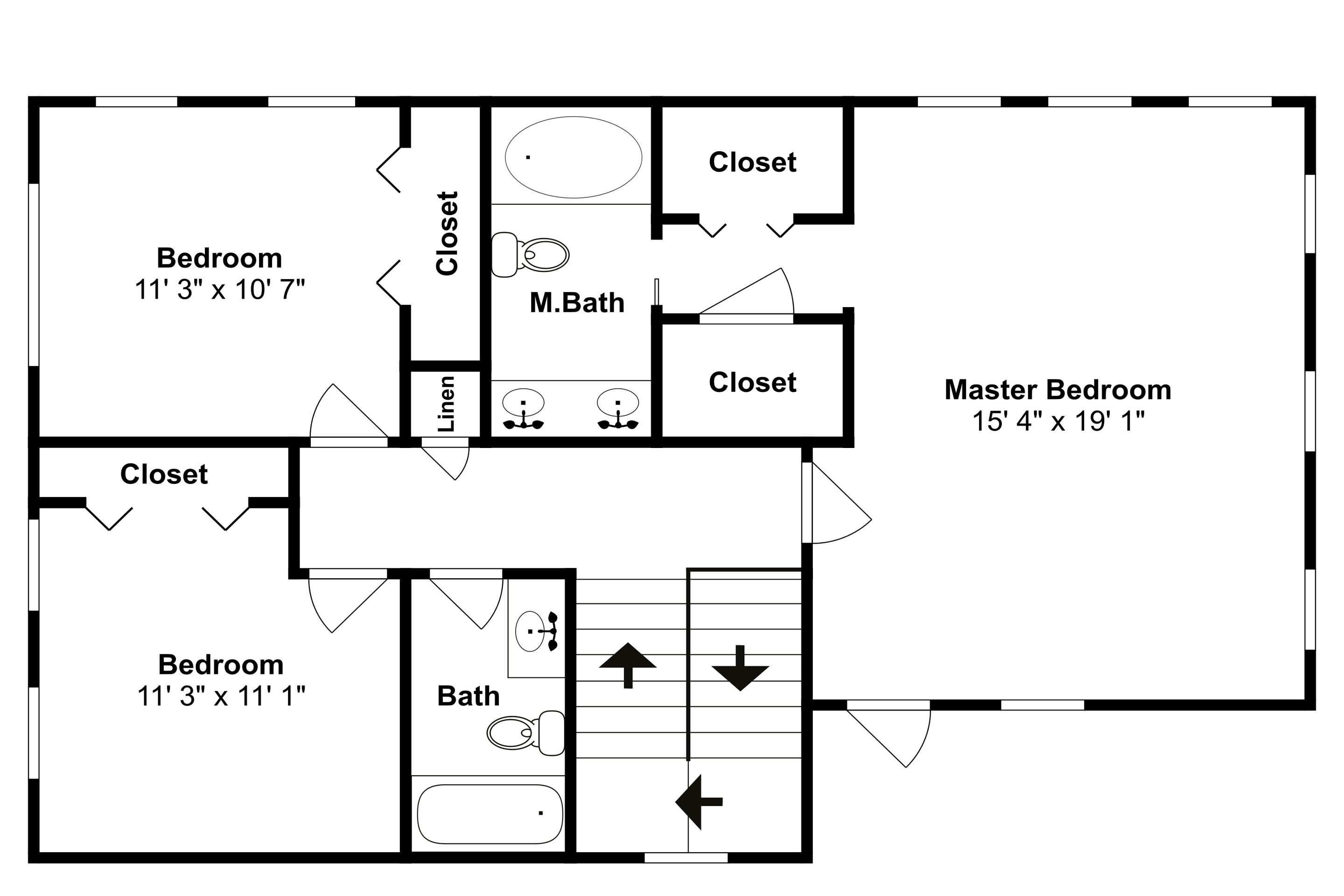 Plano de un cuarto de hotel con dos recámaras, una principal, un baño y armarios.